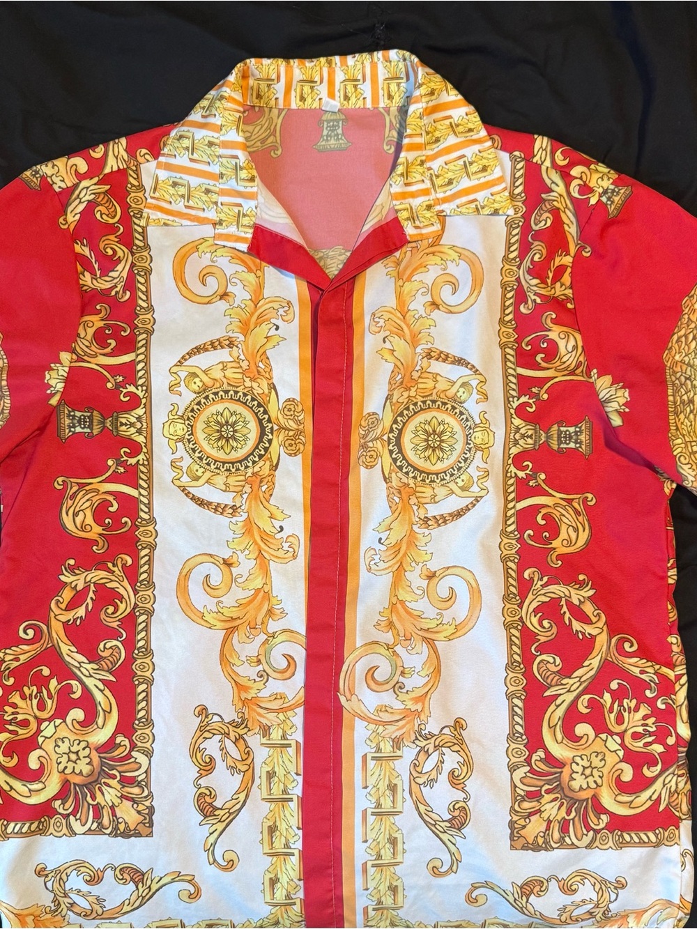 Source Unknown Red and Gold Baroque-Print Button Shirt